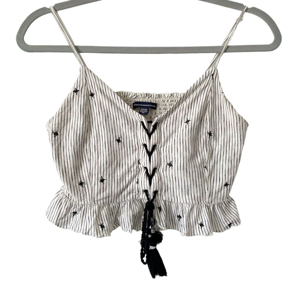 American Eagle Sweetheart Strap Ruffled Embroidered Cropped Top Front Lace S